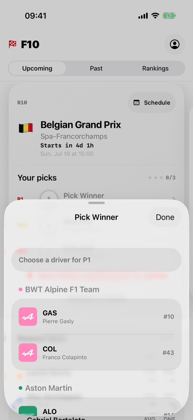 FX Racing driver picker showing current driver and team imagery