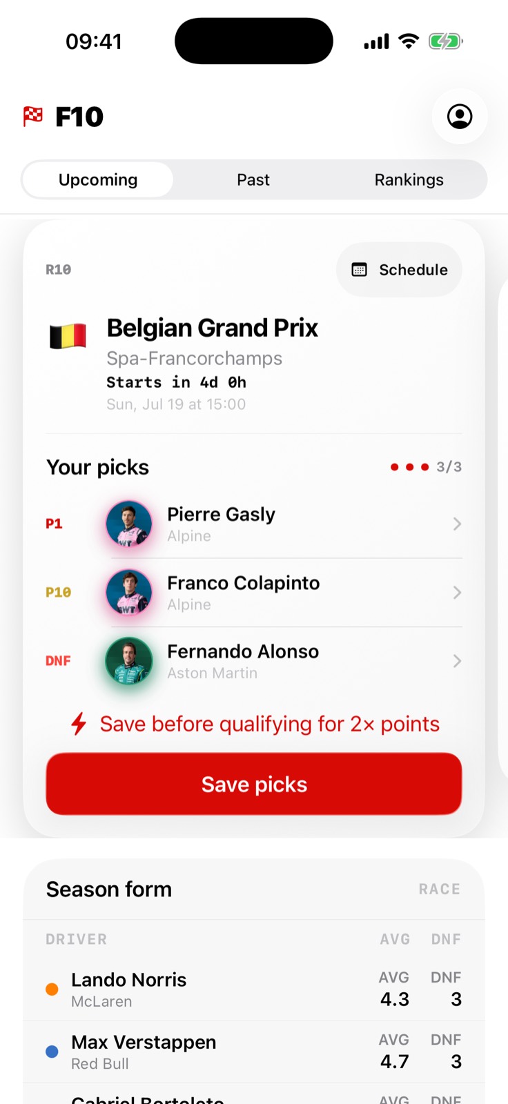 FX Racing race deck showing P1, P10, and DNF pick rows
